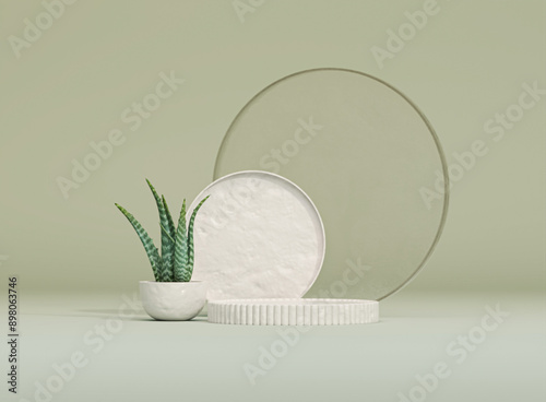 Stone Product display podium with aloe vera on pastel green background. 3D render
