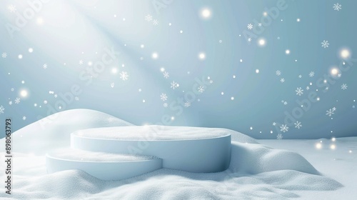 Christmas tree with white snowdrift,snowflakes,snow land,podium with bauble,Christmas theme stage podium mock up for product placement,Happy New Year. Celebrate party,Xmas Poster,web banner,festive.