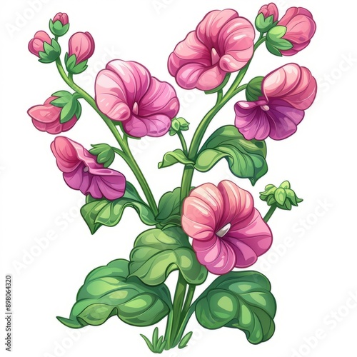 Pink flowers with green leaves on white background.