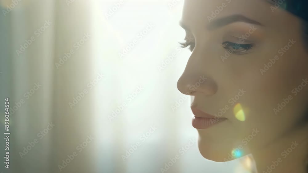 Woman in soft light with a serene expression, ideal for themes of tranquility, introspection, and beauty Woman in soft light with a serene expression, ideal for themes of tranquility, introspection, and beauty