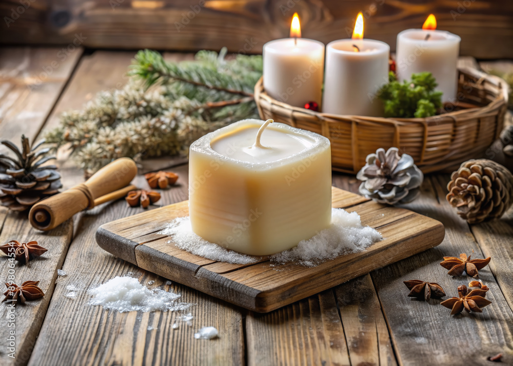 A soft, creamy mold rests on a rustic wooden table, surrounded by DIY candle-making supplies, awaiting transformation into a warm, inviting home decor piece. A soft, creamy mold rests on a rustic wooden table, surrounded by DIY candle-making supplies, awaiting transformation into a warm, inviting home decor piece.
