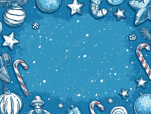 Blue background with snow flakes and Christmas decoration. Christmas card concept. Copy space