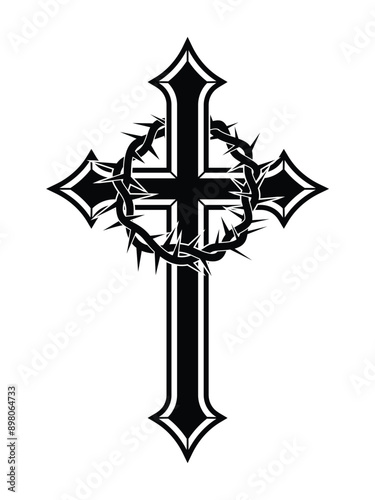 stylized gothic Christian cross with crown of thorns transparent background