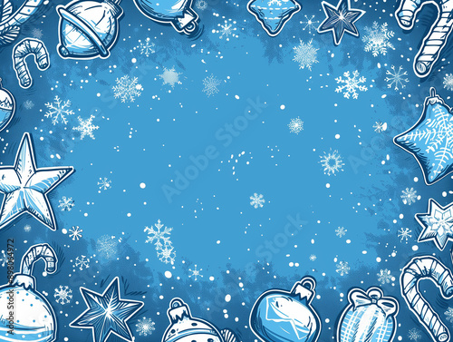 Blue background with snow flakes and Christmas decoration. Christmas card concept. Copy space