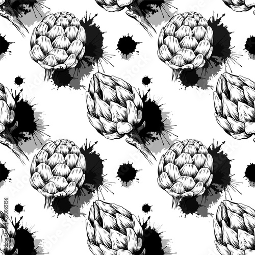 Vector pattern with sketch artichokes and ink splashes on white background. Texture with hand drawn food for menu, wallpaper, fabrics
