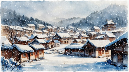 Watercolor painting, village landscape in the snow