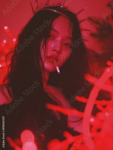 A mysterious and artistic photo featuring a person with a crown, bathed in red lighting, creating a surreal and enchanting atmosphere with blurred abstract elements. photo