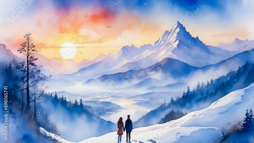 Watercolor painting of a couple standing and looking at the mountain view and the sunset.