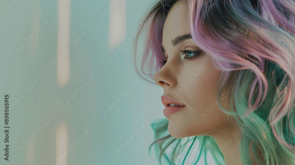 Profile of a young woman with colorful pastel hair Profile of a young woman with colorful pastel hair