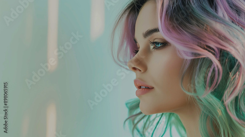 Profile of a young woman with colorful pastel hair