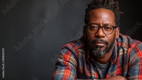 Middle-aged man with glasses and a plaid shirt, looking confidently at the camera, with a dark, simple background highlighting his features. © RISHAD