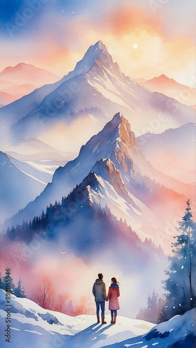 Watercolor painting of a couple standing and looking at the mountain view and the sunset.