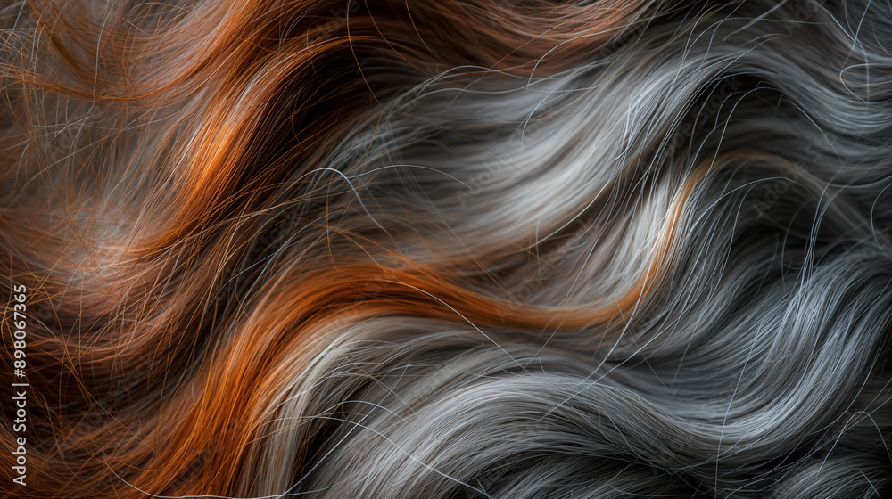 Naklejka premium Wavy strands of hair in shades of gray, black, and orange, creating a dynamic and textured visual with a smooth flow and rich colors.