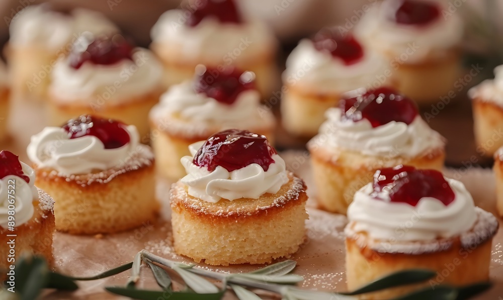 small cakes with cream and jam spread, Generative AI small cakes with cream and jam spread, Generative AI