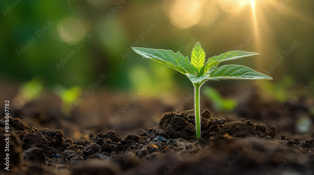 Young green plant sprouting in rich soil with sunlight filtering through, symbolizing growth and new beginnings in a natural setting. Young green plant sprouting in rich soil with sunlight filtering through, symbolizing growth and new beginnings in a natural setting.
