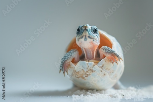 A baby turtle emerges from its egg, with its head and front legs pushing through the cracked shell. The turtle's skin features intricate patterns and textures, creating a rebirth and new life. photo