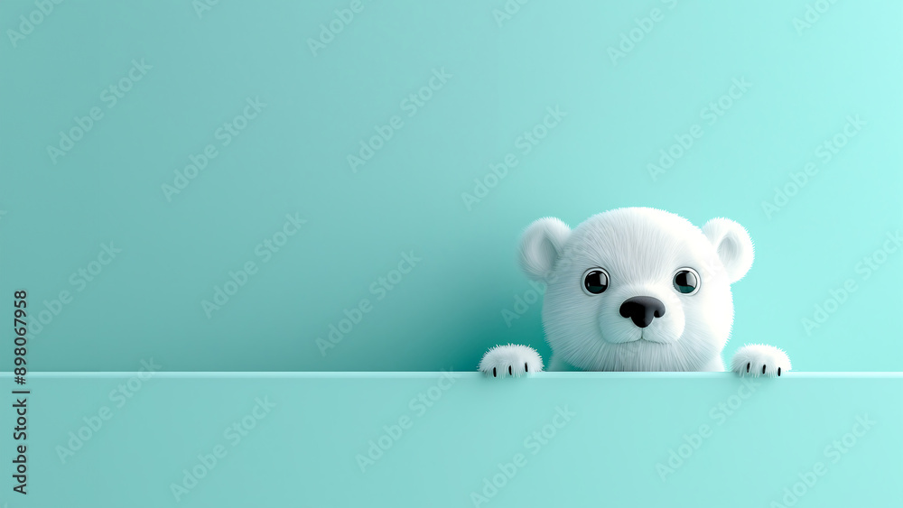 An adorable, cartoon-style baby polar bear with expressive eyes peeking. The polar bear's fluffy white fur contrasts with the pastel blue backdrop, creating a cute and cheerful appearance. An adorable, cartoon-style baby polar bear with expressive eyes peeking. The polar bear's fluffy white fur contrasts with the pastel blue backdrop, creating a cute and cheerful appearance.