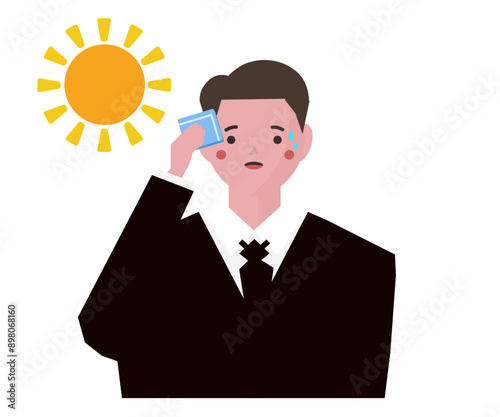 猛暑の炎天下の中、汗を拭くスーツを着たビジネスマンの男性のイラスト。スーツ暑い。暑い夏の外出先。ベクターイラスト