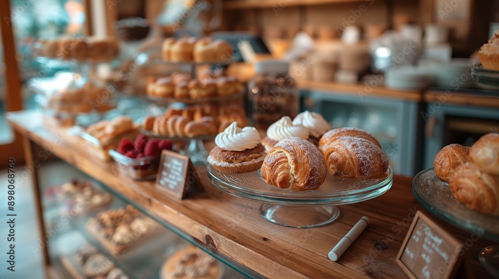 Assorted pastries on display in a bakery shop Assorted pastries on display in a bakery shop