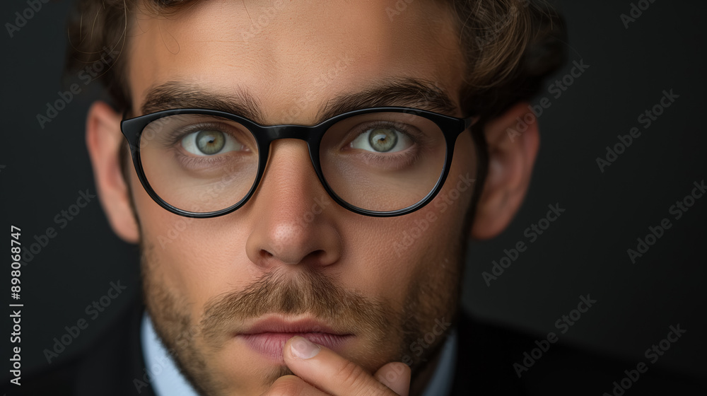 Man with glasses and a thoughtful expression, resting his chin on his hand, against a dark background, suggesting contemplation or deep thinking. Man with glasses and a thoughtful expression, resting his chin on his hand, against a dark background, suggesting contemplation or deep thinking.