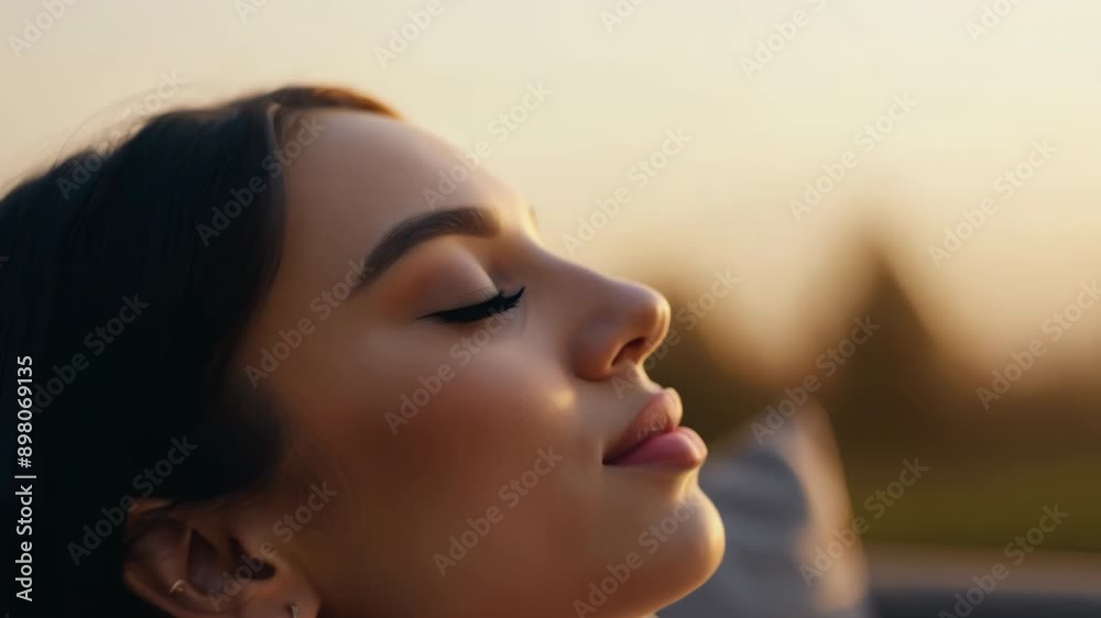 Young woman enjoying a peaceful moment with eyes closed outdoors at sunset, perfect for themes of relaxation, mindfulness, and self-care Young woman enjoying a peaceful moment with eyes closed outdoors at sunset, perfect for themes of relaxation, mindfulness, and self-care