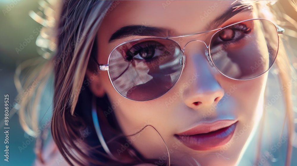 Close-Up of Fashionable Woman Wearing Sunglasses and Looking at Camera Close-Up of Fashionable Woman Wearing Sunglasses and Looking at Camera