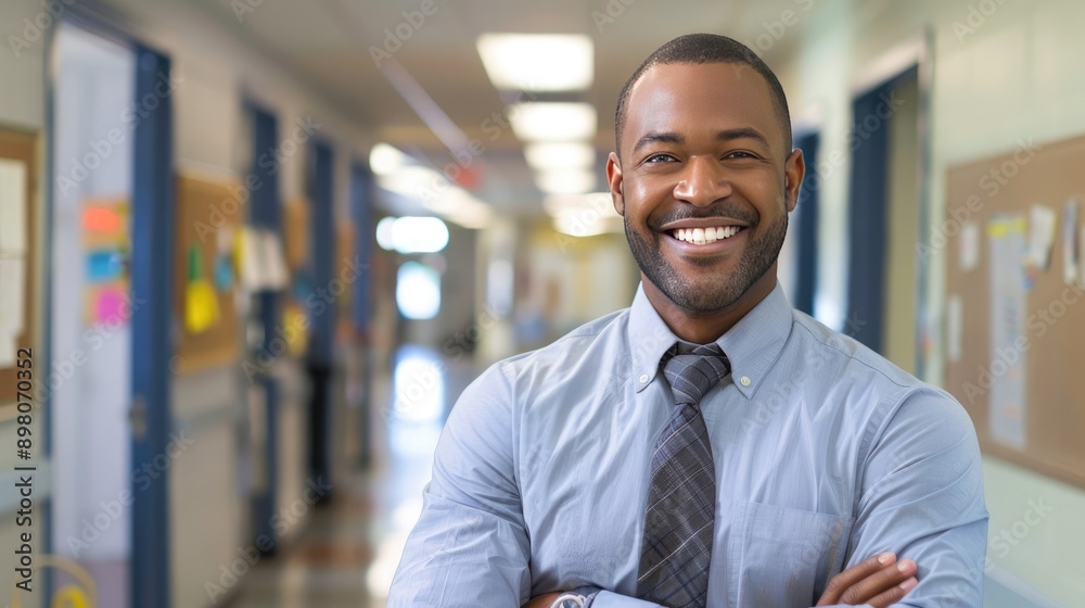 Fototapeta premium African American Male High School Teacher Smiling in Hallway