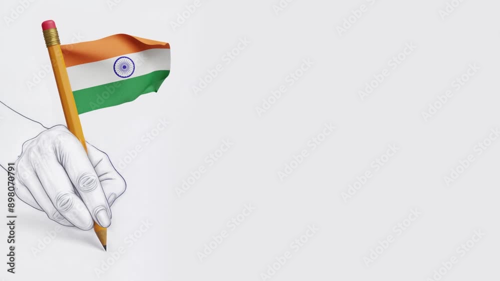 hand folding India flag attached to pencil, animation in white background, 3d flag animation 