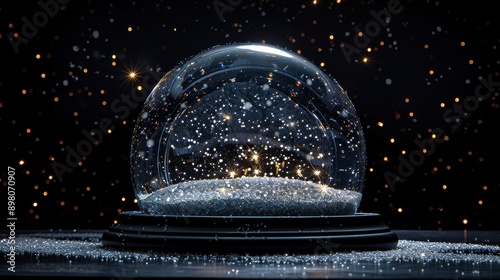 Christmas decorative empty glass snow globe in black blackground, podium with snowman,christmas tree,pine cone,white snowdrift under transparent dome, glow garland,Xmas greeting card with decoration.