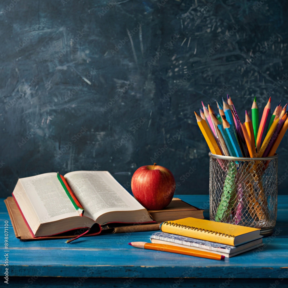 Back to school concept. Books on teacher or student workplace background with school supplies on blue table. Back to school concept. Books on teacher or student workplace background with school supplies on blue table.