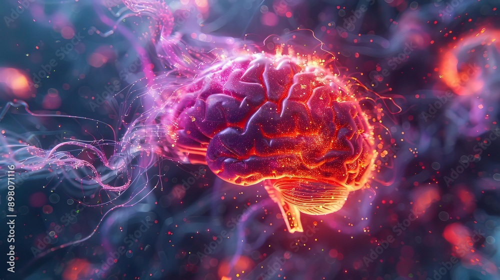 Detailed visualization of the human brain with highlighted neural activity Detailed visualization of the human brain with highlighted neural activity