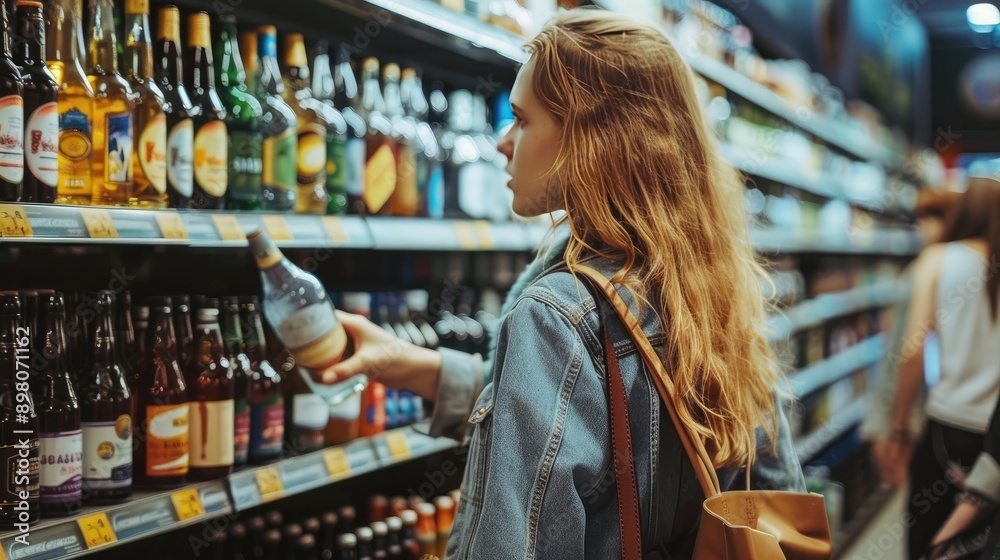 Young Shopper Browsing Alcohol Selection at Local Liquor Store Young Shopper Browsing Alcohol Selection at Local Liquor Store