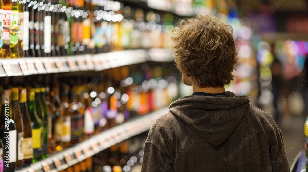 Young Shopper Browsing Alcohol Selection at Local Liquor Store Young Shopper Browsing Alcohol Selection at Local Liquor Store