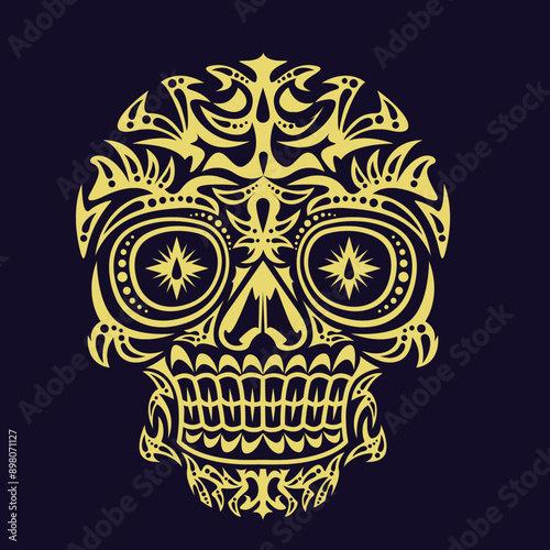 Gold color skulls patterns graphic print, It represents death in the next world, Design element for logo, tattoo, textile, fabric pattern design decorations templates and other designs.