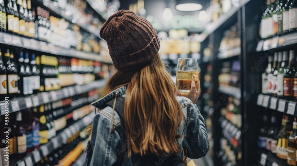 Young Shopper Browsing Alcohol Selection at Local Liquor Store Young Shopper Browsing Alcohol Selection at Local Liquor Store