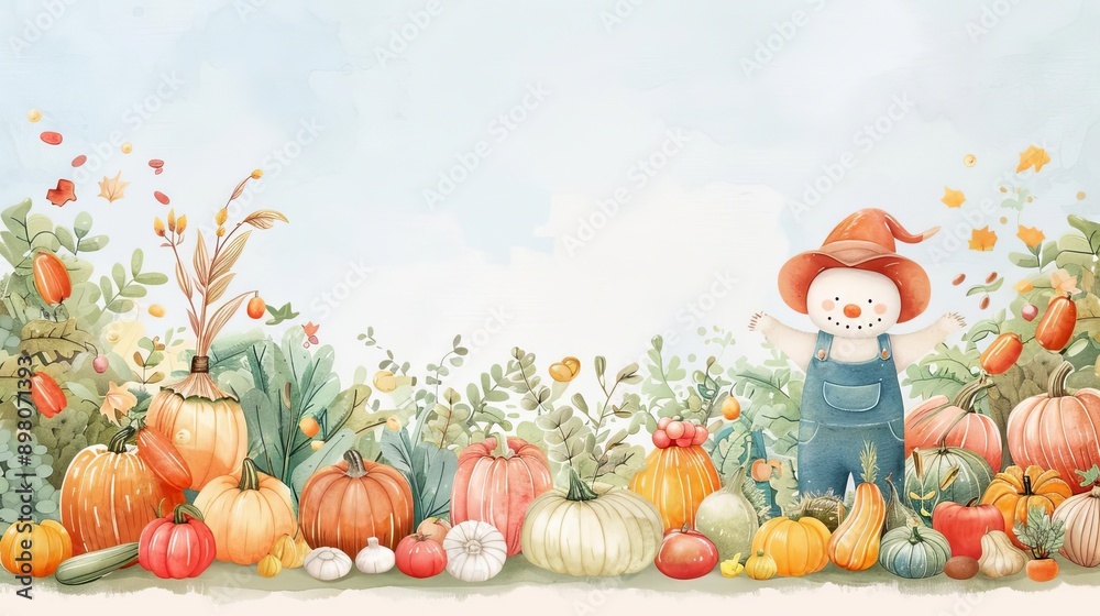 Fototapeta premium Autumn vegetables, scarecrow in garden, fall recipes book, rustic kitchen, Watercolor style