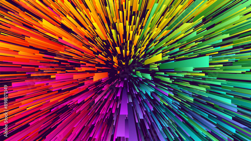 Colorful circular geometric explosion with radiating rectangular rays from the center. Dynamic rainbow light trails of burst for presentation, event, party, carnival, celebration. Vector illustration