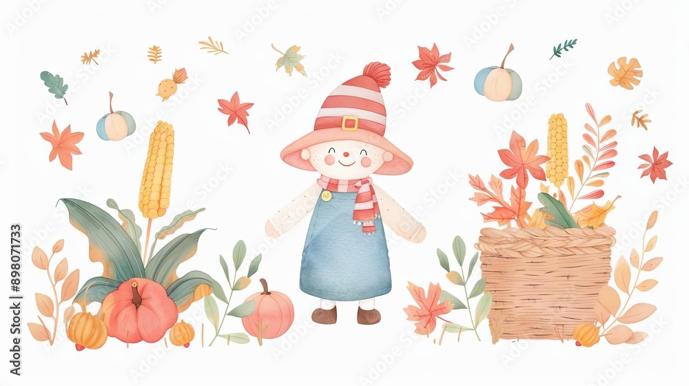 Naklejka premium Scarecrow with corn, fall recipes, autumn vegetables in basket, cozy cooking, Watercolor style