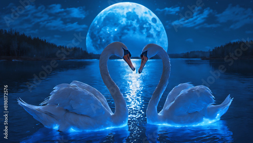 swans lovers forming a heart shape under full moon night. Romantic valentine background.
