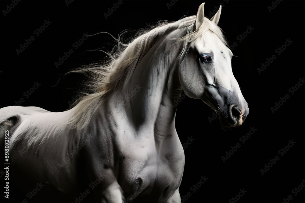 White horse portrait, close up image of a white horses head on a black background, image created with generative ai. White horse portrait, close up image of a white horses head on a black background, image created with generative ai.