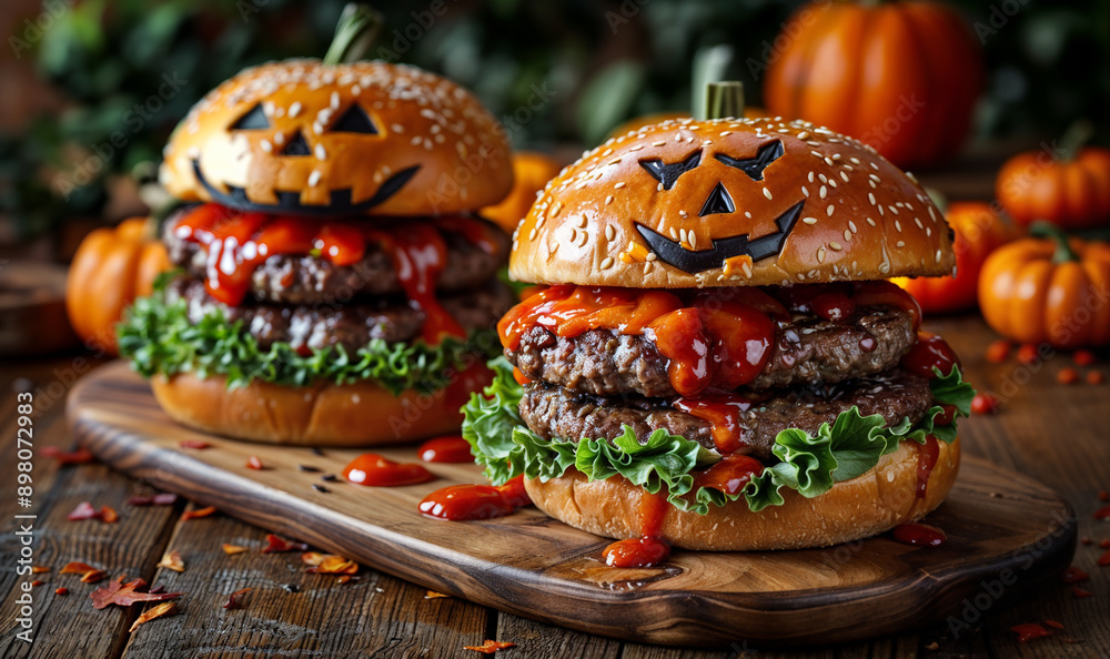 custom made wallpaper toronto digitalclose up juicy Halloween beef burger with jack-o-lantern faces carved on the bread buns and pumpkins in the background
