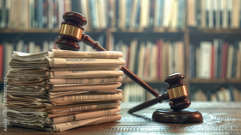 A wooden gavel rests atop a stack of newspapers, symbolizing law, justice, and the importance of information in decision-making. A wooden gavel rests atop a stack of newspapers, symbolizing law, justice, and the importance of information in decision-making.