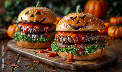 close up juicy Halloween beef burger with jack-o-lantern faces carved on the bread buns and pumpkins in the background