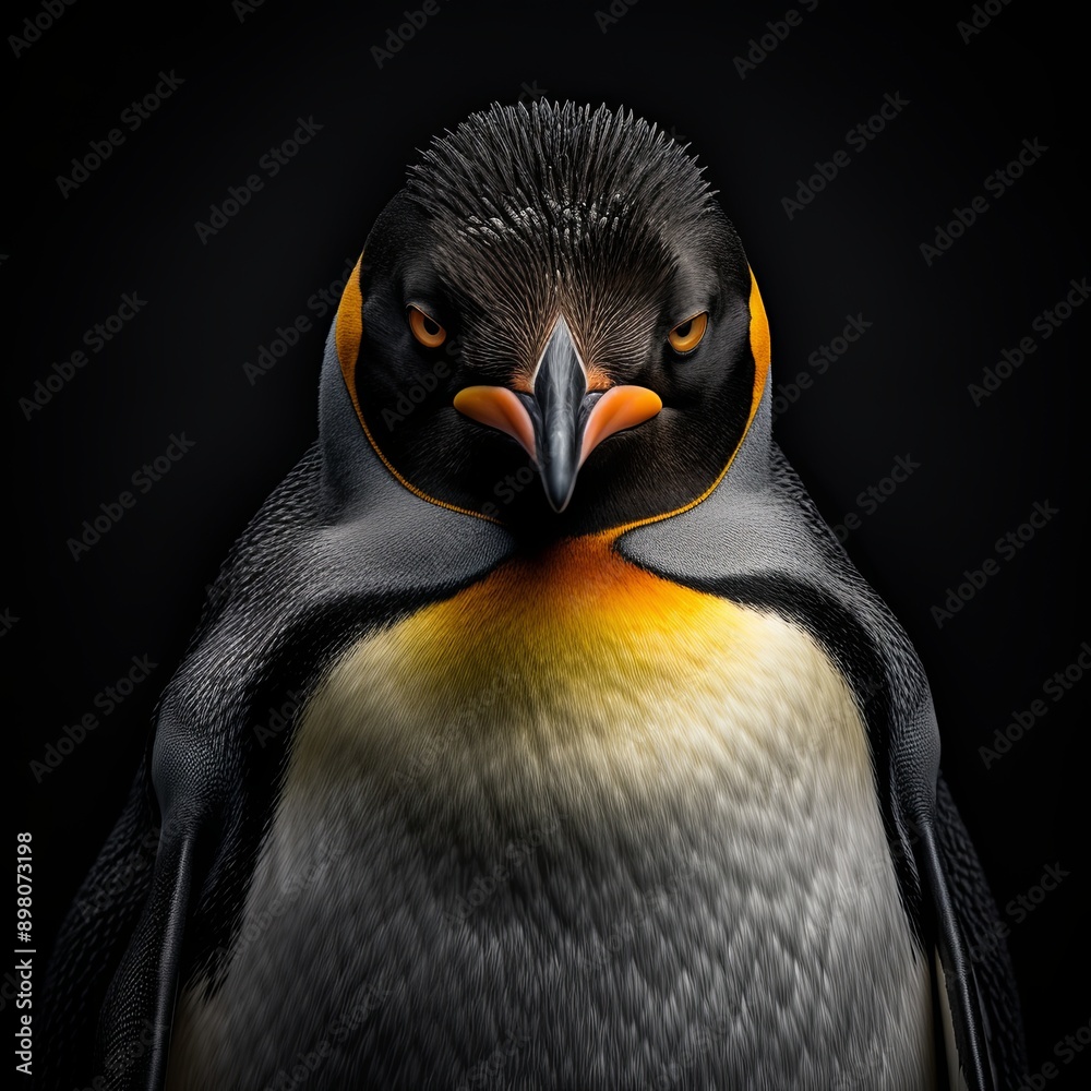 Naklejka premium A captivating close-up image of an enraged penguin with a bright yellow beak and sleek black feathers, standing boldly on a snowy landscape, emanating a fierce presence in its icy surroundings.