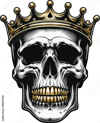 Adobe Illustrator Artwork black and white vector illustration of a grinning skull, its bony features sharply contrasting with a gleaming gold crown and golden teeth