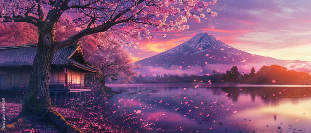 Beautiful pink sakura tree with leaves and petals in front of Mount ...