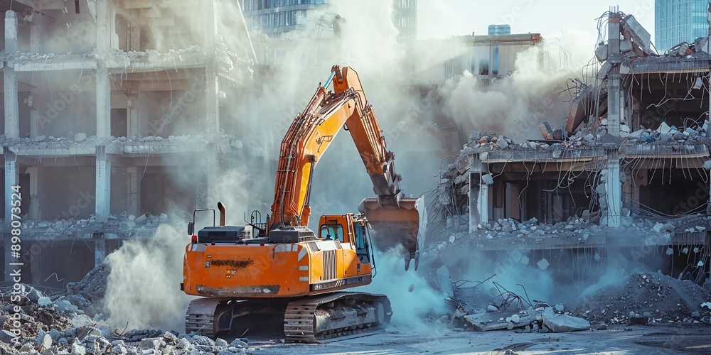 A massive, extended-armed wrecking machine observed destroying a structure. A massive, extended-armed wrecking machine observed destroying a structure.