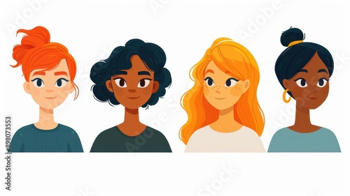 Diverse group of young women with different hairstyles and expressions, representing friendship and diversity in a modern aesthetic.