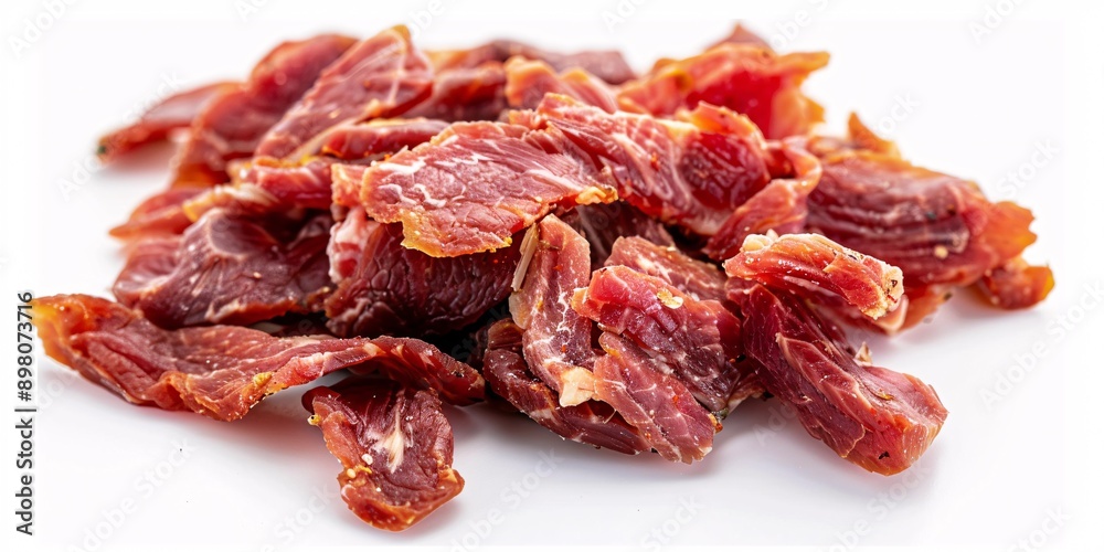 Savory Dried Chicken, Beef, and Pork Snacks on White Background. Savory Dried Chicken, Beef, and Pork Snacks on White Background.