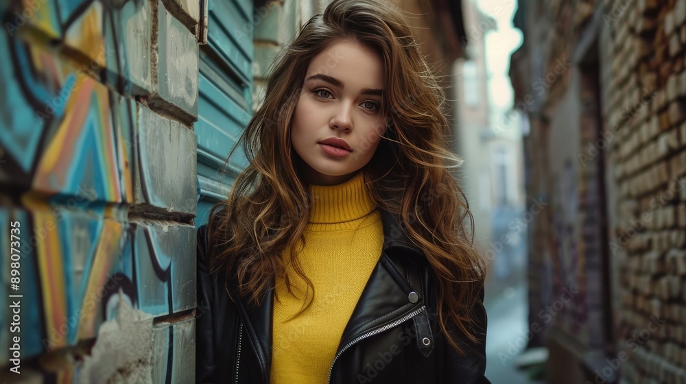 Naklejka premium brown-haired woman wearing a yellow sweater and black jacket